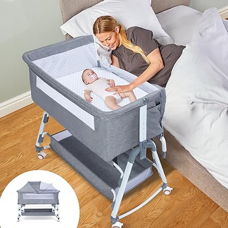 3 in 1 Bassinet for Baby, Baby Bassinet Bedside Sleeper with Mosquito Nets, Baby Bassinet with Wheels, Heigt Adjustable, Easy to Fold Portable Bedside Crib for Infant Baby