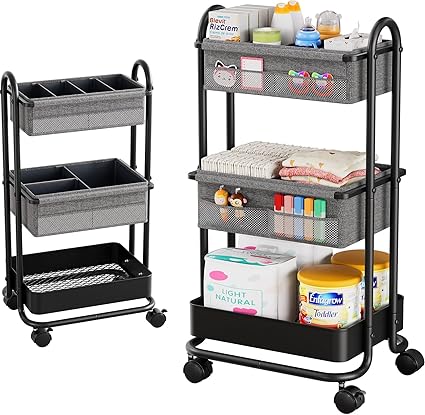 Baby Diaper Caddy Organizer Cart and Storage - 3 Tier Rolling Storage Cart with Wheels, Baby Essentials for Nursery Storage, Detachable Dividers - for Crib, Bedroom, Art & Craft Organizer