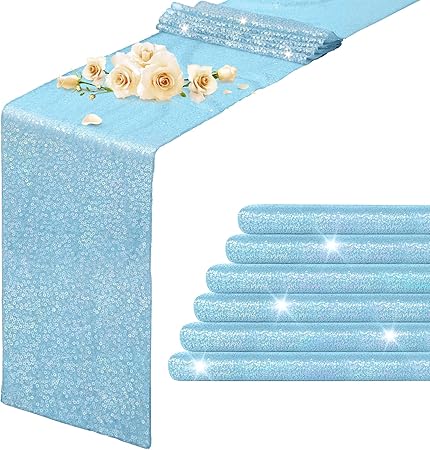 6 Packs Light Blue Sequin Table Runners 12 x 108 Inch Glitter Dining Table Runner Sparkle Sequin Runners for Birthday Wedding Party Bridal & Baby Showers, Party Table Decorations