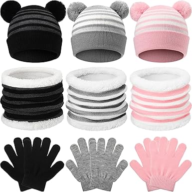 9 Pcs Kids Hat Scarf Gloves Set Winter Knit Beanie Neck Warmer Mittens Striped Cap Fluffy Scarf Gloves for Kids Aged 3-10