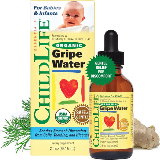 CHILDLIFE ESSENTIALS Organic Gripe Water - Soothes Occasional Stomach Discomfort Associated with Colic, Teething, & Hiccups in Infants & Children, Gluten-Free, Allergen Free, Non-GMO - 2 Fl Oz Bottle