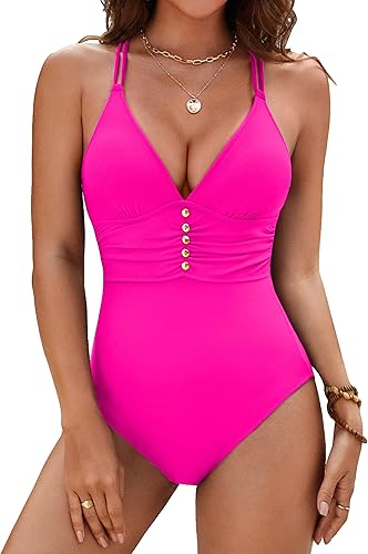 BMJL Womens One Piece Swimsuits V Neck Bathing Suit Double Straps Adjustable Crisscross Back Monokini