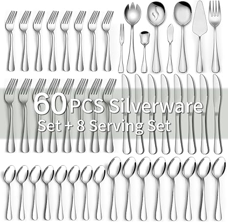 68 Pieces Silverware Set with Serving Utensils Set, CEKEE Stainless Steel Flatware Set for 12, Heavy Duty Cutlery Set, Kitchen Utensil Sets for Home Restaurant, Mirror Finish, Dishwasher Safe