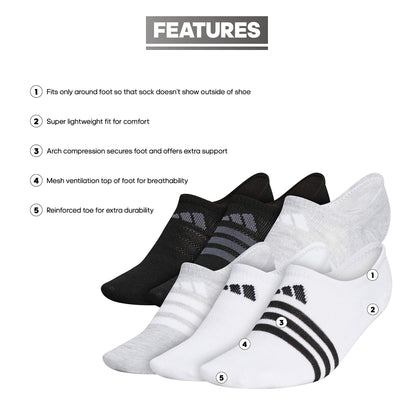 adidas Women's Superlite Super No Show Socks (6-pair), White/Cool Light Heather/Black, Medium