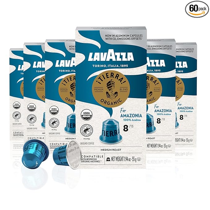 Lavazza TIERRA AMAZONIA USDA ORGANIC Espresso Aluminum Capsules Compatible with Nespresso Original Machines (Pack of 60) , Value Pack, Medium Roast, 100% Arabica, Round & Balanced, Intensity 8 of 13