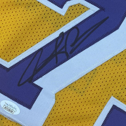 Framed Autographed/Signed Dennis Rodman 35x39 Los Angeles LA Yellow Basketball Jersey JSA COA #2