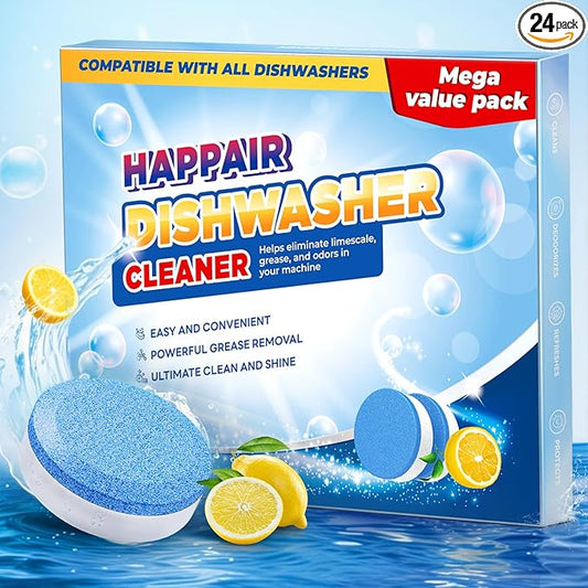 24 Value Pack Dishwasher Cleaner and Deodorizer Tablets, Deep Cleaning Dishwasher Pods Compatible with All Machines, Septic Safe, Removes Grease, Limescale, Calcium and Odor, No Residue (Lemon)