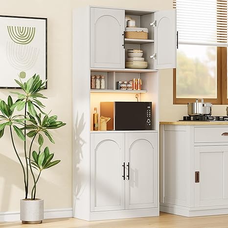 GAOMON 71" Tall Kitchen Storage Cabinets, Pantry Cabinet with Microwave Shelf, Freestanding Kitchen Hutch with Led Lights, for Dining Room, Bathroom, Living Room, White