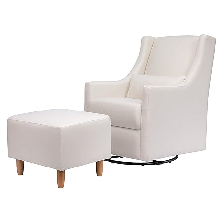 babyletto Reading Glider in Performance Cream Eco-weave With Natural Feet | Upholstered, Swivel, Stationary Ottoman, Water Repellent, Stain Resistant, Greenguard Gold Certified