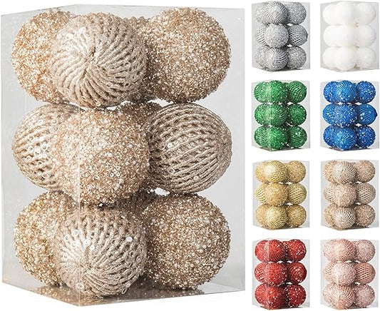 3.15" Christmas Ball Ornaments 12 pcs Glitter Sequin Balls Christmas Tree Balls Xmas Hanging Balls for Xmas Trees Wedding Party Holiday(Champagne Gold, 12pc-8cm)