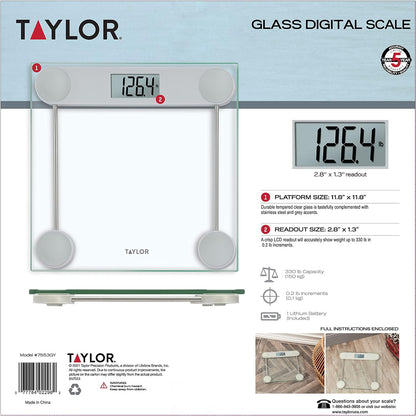 Taylor Digital Bathroom Scale, Highly Accurate Body Weight Scale, Instant On and Off, 400 lb, Sturdy Clear Glass with ChromeFinish Base