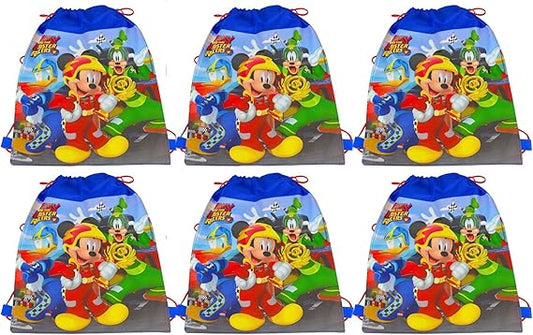[6-Pack] Disney Mickey Mouse and the Roadster Racers 14-inch Sling Bags Drawstring Cinch Sack Totes