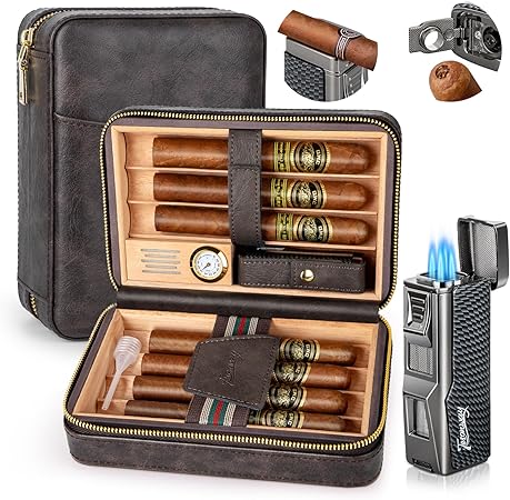 Cigar Humidor, Travel Humidor Cigar Box and Cigar Lighter, Leather Cigar Case with Cedar Wood Tray, Hygrometer, Humidifier, Portable Cigar Humidor Cigar Accessories for Men, Holds 7 Cigars
