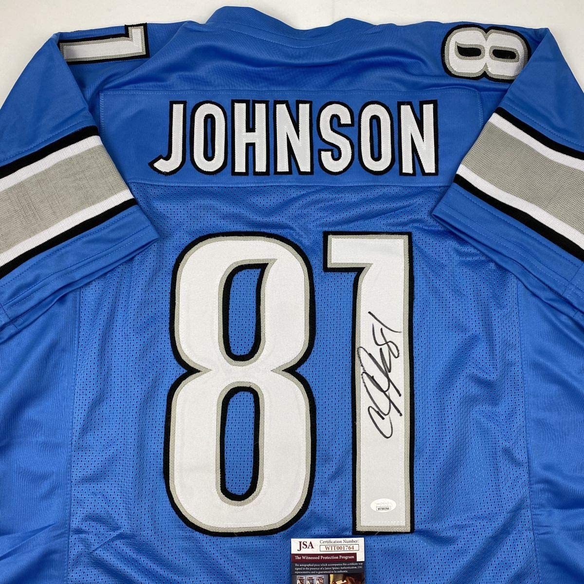 Autographed/Signed Calvin Johnson Detroit Blue Football Jersey JSA COA