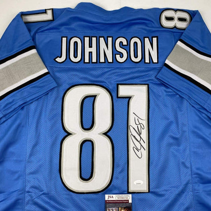 Autographed/Signed Calvin Johnson Detroit Blue Football Jersey JSA COA