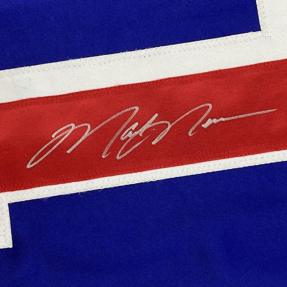 Framed Autographed/Signed Mark Messier 35x39 New York Blue Hockey Jersey Steiner Sports COA