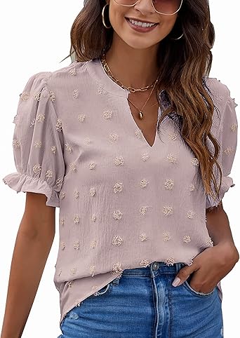 Blooming Jelly Womens Puff Sleeve Summer Tops Chiffon Short Sleeve Blouses White V Neck Pom Pom Shirts