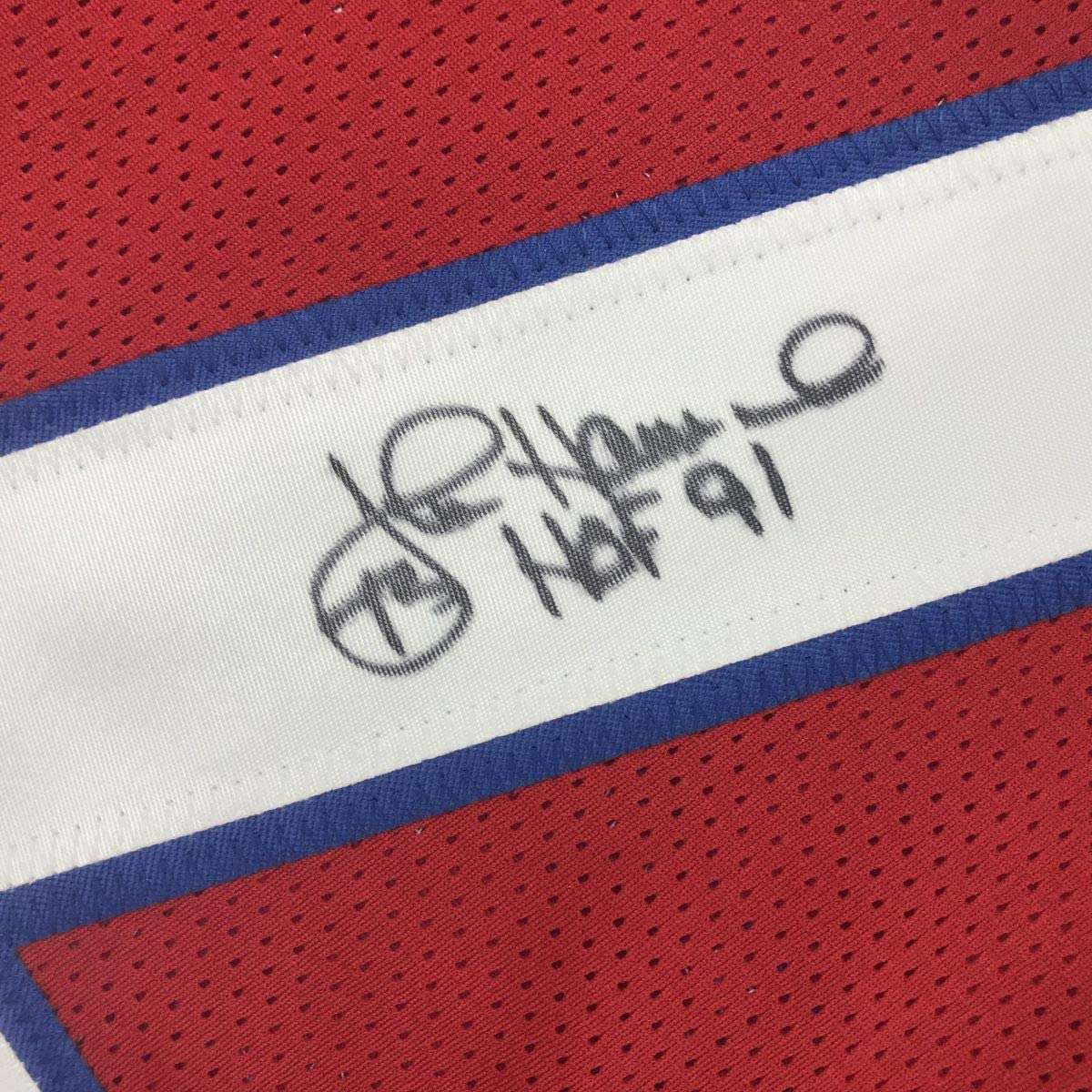 Autographed/Signed John Hannah HOF 91 New England Red Football Jersey JSA COA