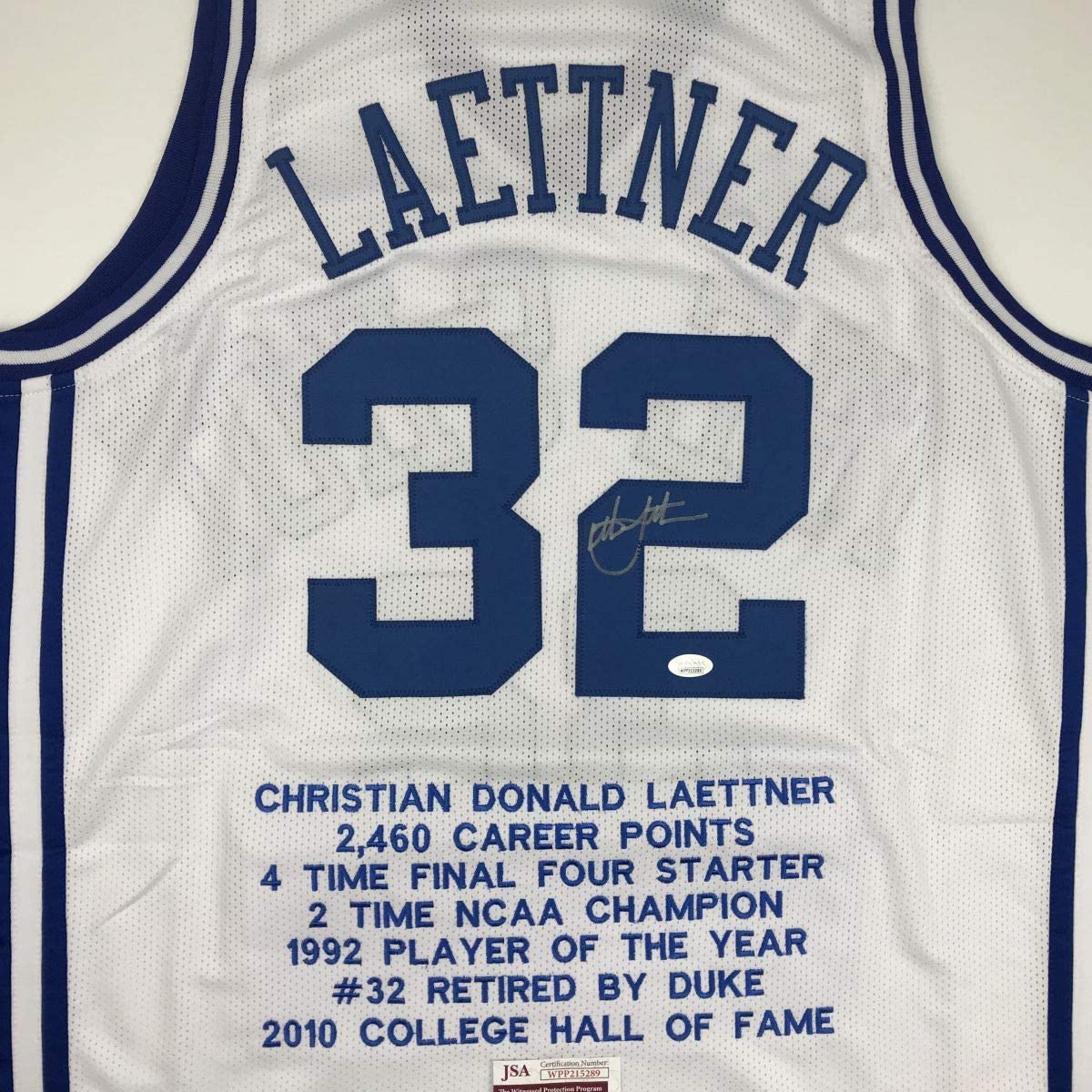 Autographed/Signed Christian Laettner Duke White Stat The Shot College Basketball Jersey JSA COA