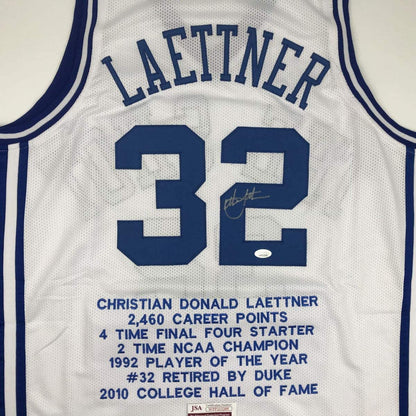 Autographed/Signed Christian Laettner Duke White Stat The Shot College Basketball Jersey JSA COA