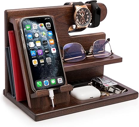 TESLYAR Wood Phone Docking Station for Men - Desktop or Nightstand Organizer - Birthday Gifts for Men, Dad - Anniversary Idea from Wife - Key Holder, Stand Wallet, Watch & Essentials (Antique Brown)
