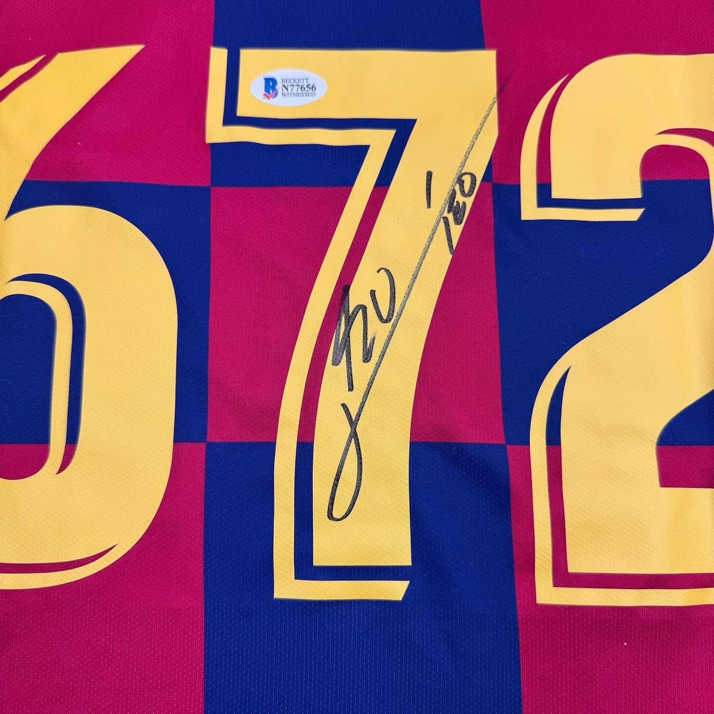 Framed Autographed/Signed Lionel Leo Messi 35x39 FC Barcelona 672 Goals Soccer Jersey Beckett BAS COA