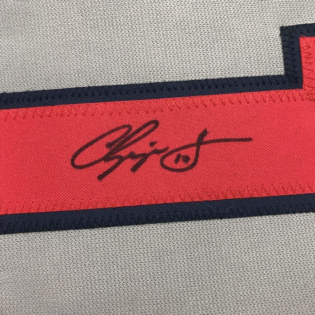 Framed Autographed/Signed Chipper Jones 35x39 Atlanta Grey Baseball Jersey JSA COA