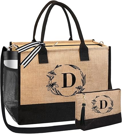 BeeGreen Jute Tote Bags for Women w Zipper Pockets Adjustable Strap Birthday Gifts for Mother