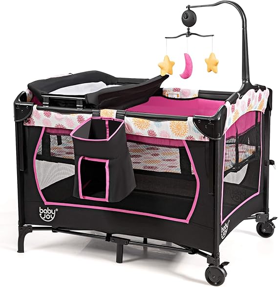 BABY JOY 4 in 1 Pack and Play, Baby Bedside Sleeper with Bassinet, 3 Adjustable Heights, Music Box, Easy to Install, Foldable Bedside Crib w/Changing Table, Playards from Newborn to Toddlers Rose
