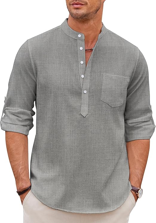 COOFANDY Men's Casual Henley Shirts Long Sleeve Band Collar Summer Linen Beach Hippie T Shirts with Pocket