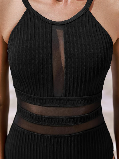 CUPSHE Women's One Piece Swimsuit Bathing Suit Round Neck Back Hook Mesh Cutout Textured M Black