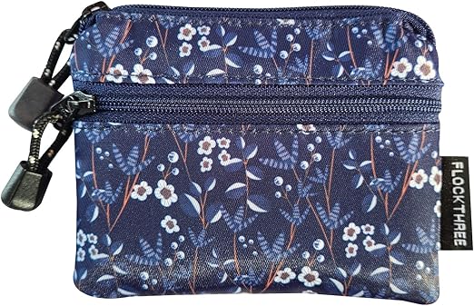FLOCK THREE Small Coin Purse Pouch for Women with Zipper Mini Change Wallet Credit Card Holder Keychain Bag Cute Ladies Key Card Cases Money Organizers for Boys Girls (Blue Flower)