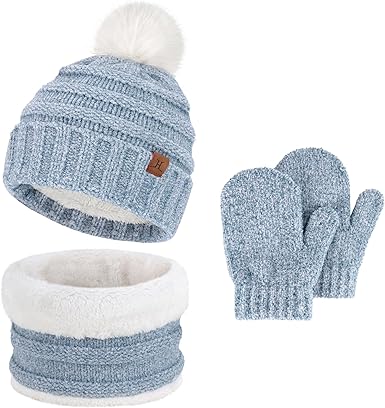Toddler Kids Winter Warm Knit Beanie Hat Neck Warmer Scarf Gloves Set with Pompom Gifts for 0 1 2 3 4 Years Old Girls Boys