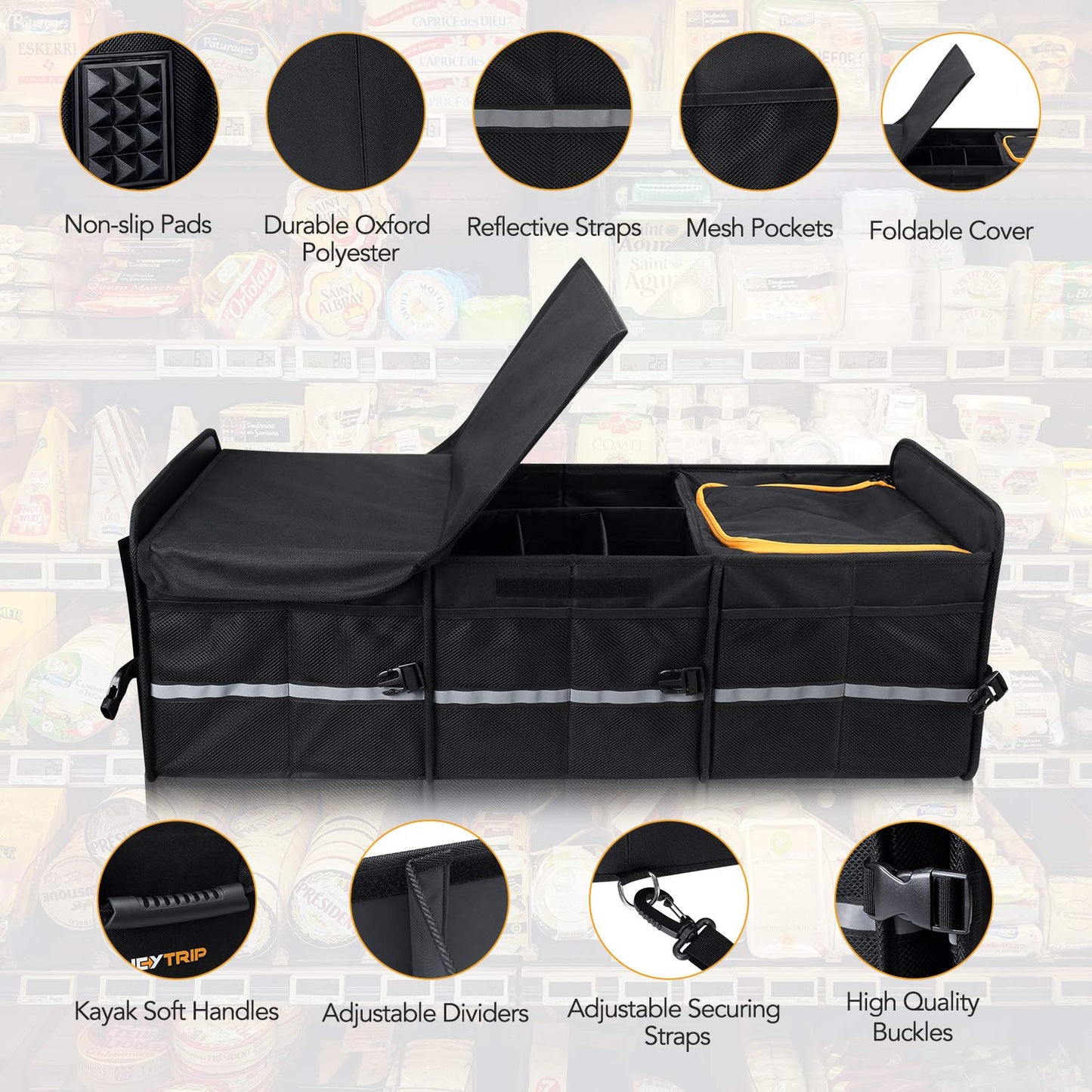 Large Trunk Organizer With Built-in Leakproof Cooler Bag, 2 Tie-Down Straps