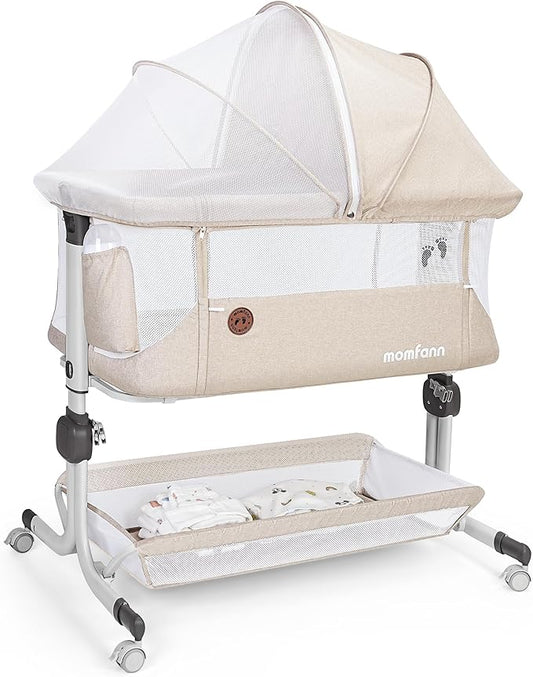 Baby Bassinet Bedside Sleeper, Upgraded Stability Bedside Crib with Full Mesh Sides, Soft Sheet, 6-Height Adjustment, Storage Basket, Easy Folding Portable Bassinet for Newborns, Oatmeal