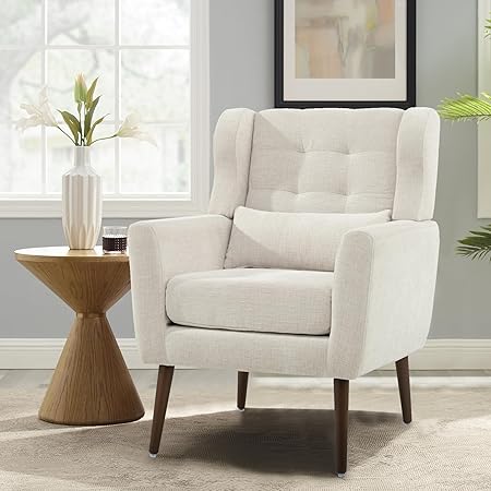 Modern Accent Chair Chenille Fabric Upholstered Tufted Side Chair Wingback Chair, Mid Century Reading Chair Armchair with Waist Pillow Backrest for Living Room Bedroom (Beige)