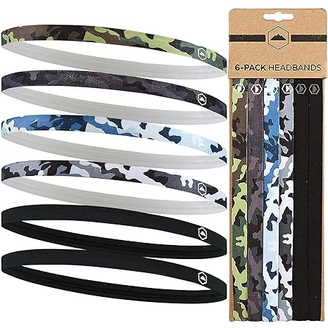 Tough Headwear Thin Elastic Sports Headbands for Women & Men, Workout, Running, Soccer Headband - Black, Camo