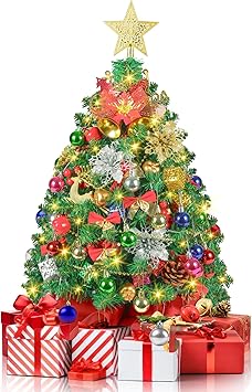 2FT Mini Christmas Tree, Small Prelit Christmas Tree with 60 LED Lights, Artificial Christams Tree with 100 Branch Tips, 80 Tree Ornaments, Christmas Home Party Holiday Xmas Decor (Pine Green)