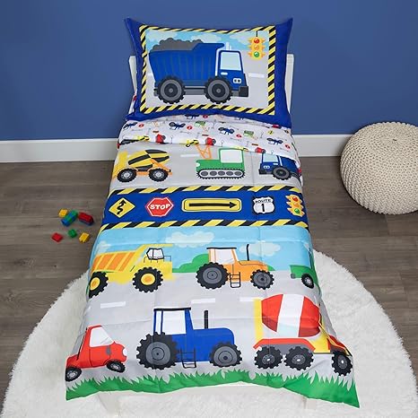 Baby Boom Funhouse Construction Area 4 Piece Toddler Bedding Set, Trucks _†_ Includes Comforter, Sheet Set _†_ Fitted + Top Sheet + Reversible Pillowcase for Boys Bed, Blue
