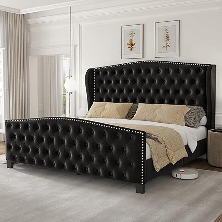 King Size Bed Frame Velvet High Platform Bed with 51.1" Wingback Headboard & Footbaord Deep Button Tufted Bed Upholstered Bed Frame with Wood Slats Support, No Box Spring Needed, Black