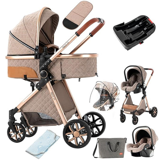 3 in 1 Baby Travel System Reversible Baby Stroller Pushchair Portable Baby Standard Pram Buggy Baby Carriage Foldable Luxury Baby High Landscape Pram for Toddler Newborn (UDV9-KHAKI with Base)
