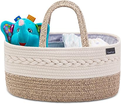 Baby Diaper Caddy Organizer, Portable Nursery Storage Basket with Changeable Compartments, 100% Cotton Woven Rope Baskets, Car & Changing Table Tote, Newborn Gift