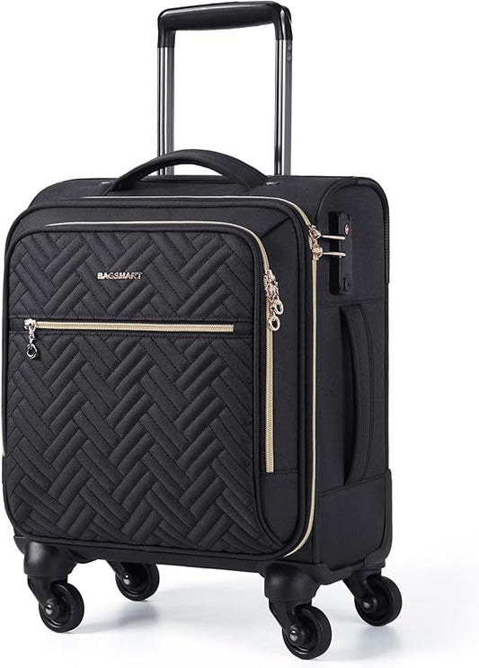 BAGSMART Underseat Carry On luggage Airline approved, 16-inch Softside Underseater Travel Suitcase with Spinner Wheels Lightweight Overnight Bag Small Rolling Carry-on for Women Men Weekender, Black