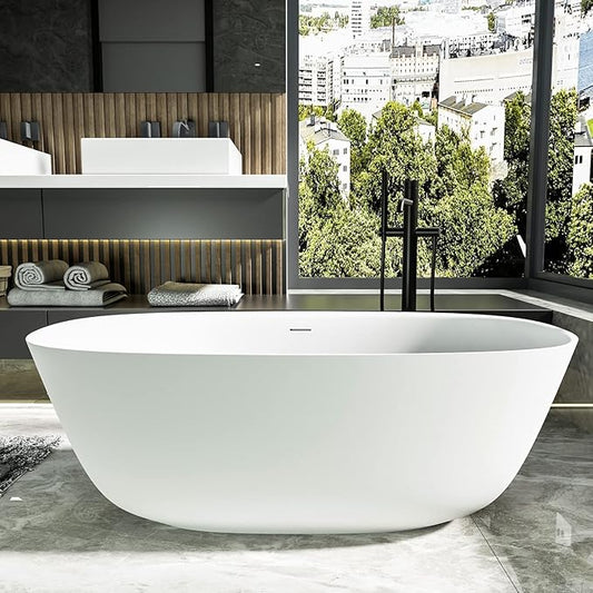 55" Stone Resin Solid Surface Freestanding Bathtub, Modern Elegant Design Soaking Stand Alone Tub, Matte White, Chrome Drain and Overflow Included 8823A-1400