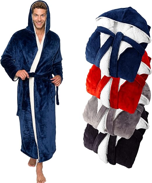 Men's Luxury Robe Hooded Big and Tall, Sherpa Lined Long Plush Bath Robe, Spa Bathrobe, Shawl Collar, Pockets, Gift for Men (Large/X-Large)