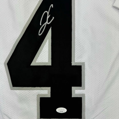Framed Autographed/Signed Derek Carr 35x39 Las Vegas Oakland White Football Jersey JSA COA
