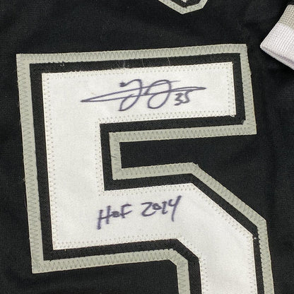 Framed Autographed/Signed Frank Thomas HOF 2014 35x39 Chicago Black Baseball Jersey JSA COA
