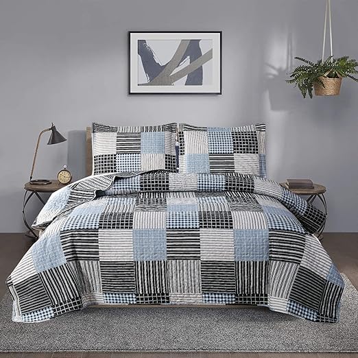 Bedspread Set King Size Quilt Set Bedding Reversible Quilt Bedspread Plaid Patchwork Bedding Mens Quilts Bedspread Coverlet Lightweight Quilt Modern Home Collection Black White Stripe Plaid Quilt