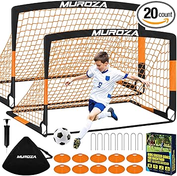 Kids Soccer Goals for Backyard Set, 2 Pack of Portable Pop Up Soccer Nets with Soccer Ball, Cones, Complete Training Equipment for Youth, Toddler Outdoor Sports Games