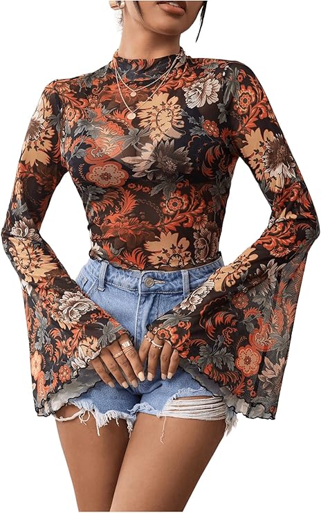 GORGLITTER Women's Floral Bell Sleeve Crop Tops 70s Mesh Vinatge Western Country Concert Blouse